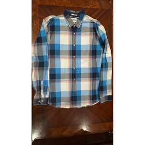 Express men's fitted button down plaid shirt white black blue orange Sz x-large